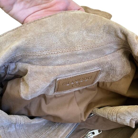 Blank NYC SL8 Genuine Suede Moto Jacket in Tan Sz S Cropped Lined Zip Closure - Picture 15 of 16